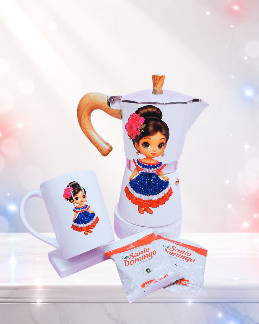 La Greca la Dominicana es una pieza única, vibrante y llena de orgullo patrio, creada para quienes aman el café y desean expresar su identidad dominicana con estilo. Perfecta para decorar tu cocina, tener un rinconcito dominicano único, amantes del café, coffe lovers, regalos, personalizaciones con intención.