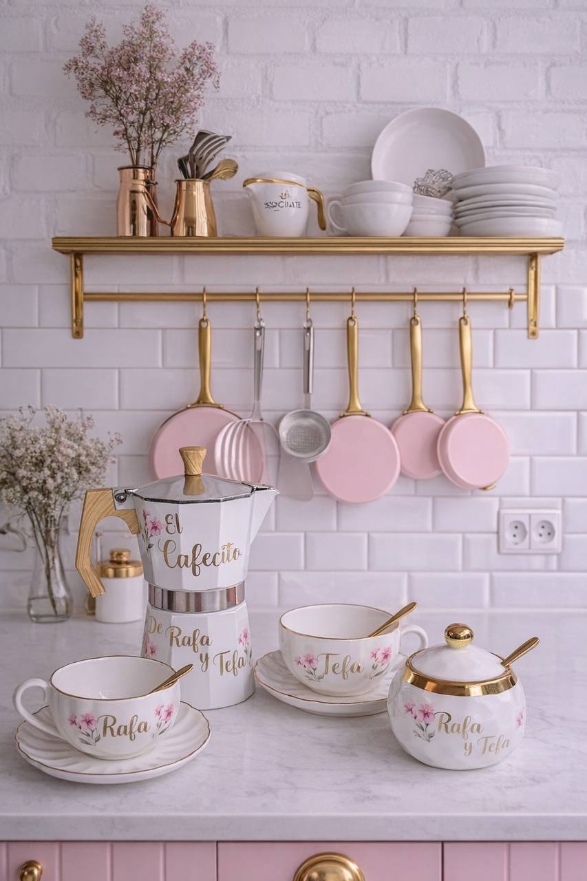 Set COFFEE SWEET es un detalle elegante, romántico y lleno de encanto para quienes disfrutan el café con estilo. Su diseño delicado estilo Británico con flores, tonos suaves y detalles dorados lo convierte en una pieza perfecta para decorar tu cocina, sorprender a una pareja, celebrar un aniversario, regalar en una boda, cumpleaños, bridal shower o simplemente crear un rincón especial para disfrutar cada taza.

Contiene la greca con aza de madera 9 tazas, azucarera, dos tazas con platicos y cuchara