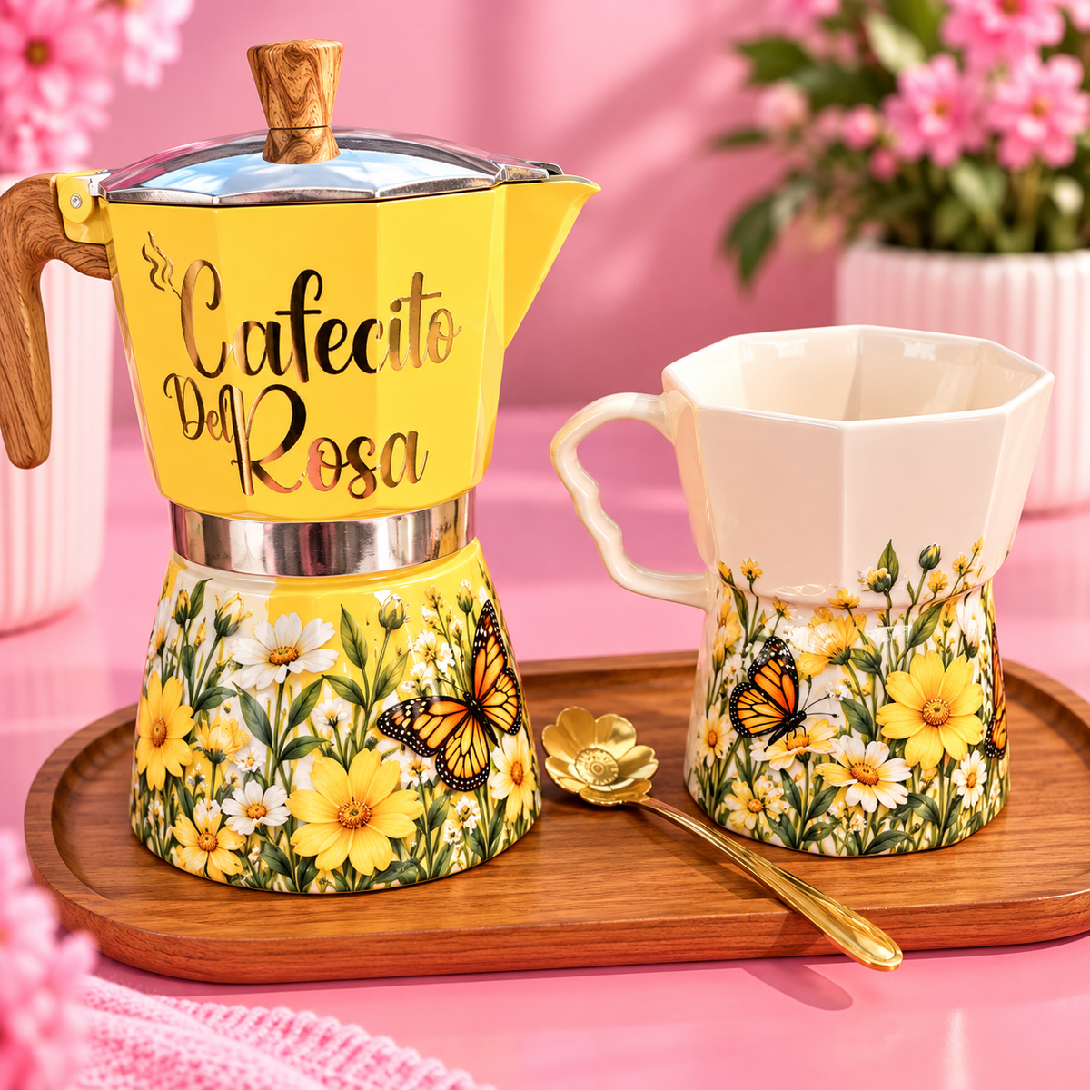 Set de Café Individual con Greca ,Taza, Cuchara y Bandeja Madera mini