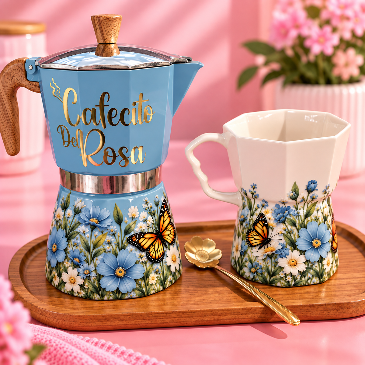 Set de Café Individual con Greca ,Taza, Cuchara y Bandeja Madera mini