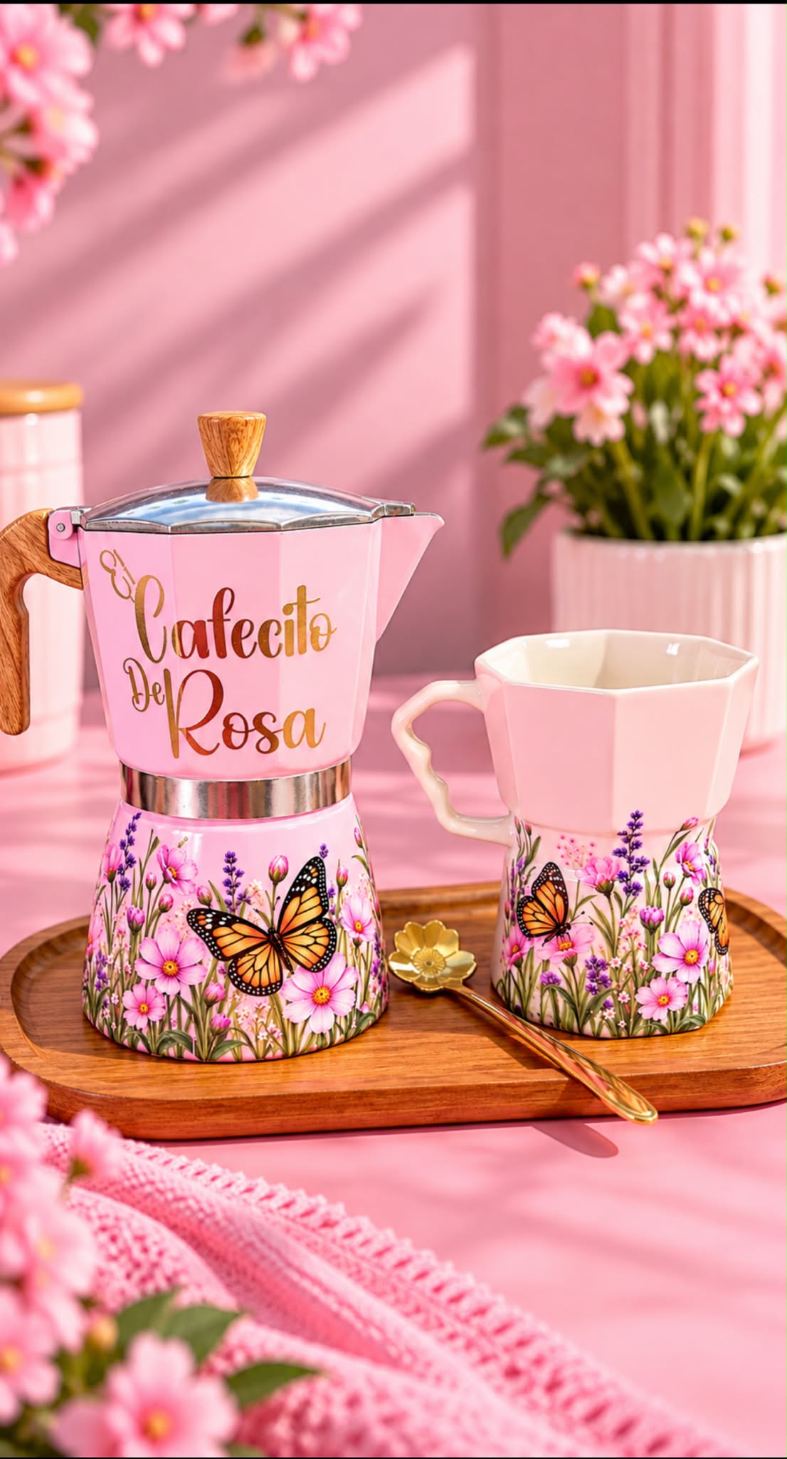 Set de Café Individual con Greca ,Taza, Cuchara y Bandeja Madera mini