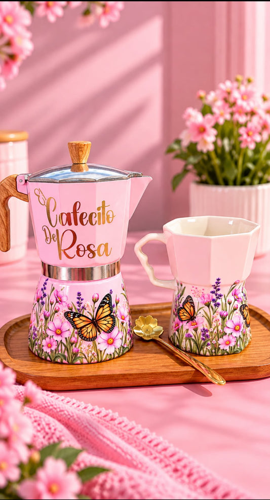 Set de Café Individual con Greca ,Taza, Cuchara y Bandeja Madera mini